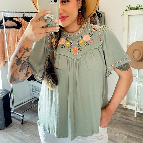The House Of Gentry Tops - Embroidered Sage Bohemian Blouse